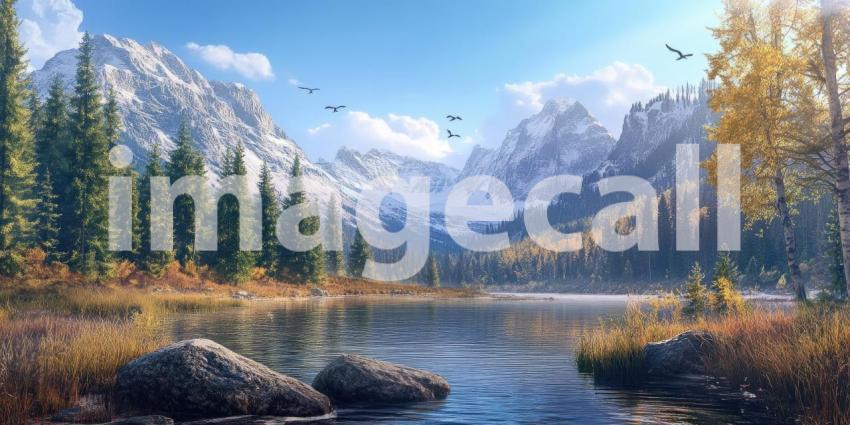 A Tranquil Mountain Retreat: A Serene Stream Winds Through a Verdant Valley, Framed by Majestic Snow-Capped Peaks and Lush Evergreen Forests