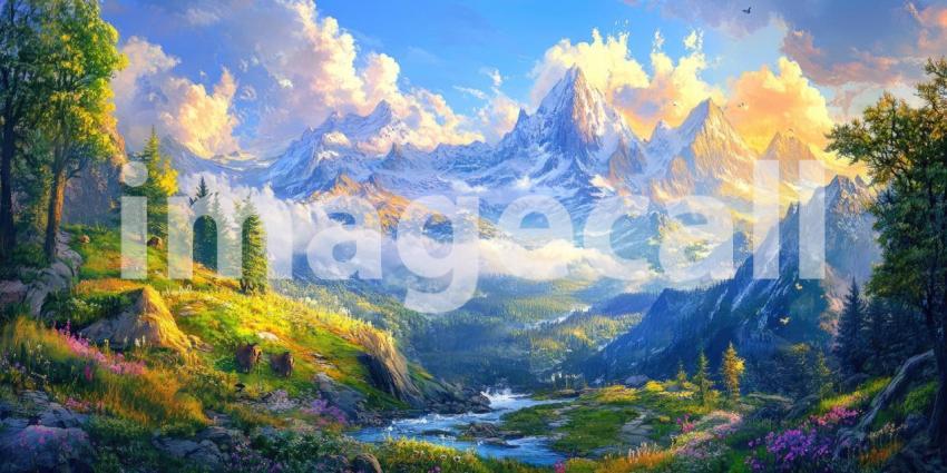 A Tranquil Mountain Retreat: A Serene Stream Winds Through a Verdant Valley, Framed by Majestic Snow-Capped Peaks and Lush Evergreen Forests