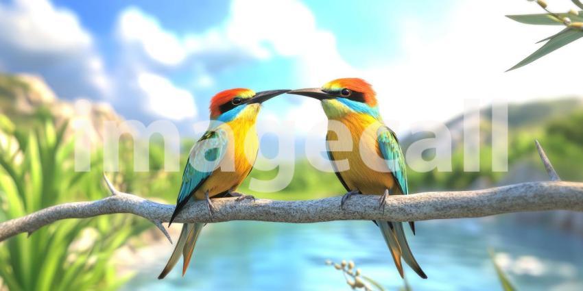 A Love Song in Vivid Hues: Two Rainbow Bee-eaters Perch on a Branch, Beaks Touched in a Tender Display of Affection, Against a Backdrop of Serene Nature