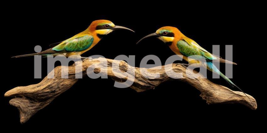 A Love Song in Vivid Hues: Two Rainbow Bee-eaters Perch on a Branch, Beaks Touched in a Tender Display of Affection, Against a Backdrop of Serene Nature