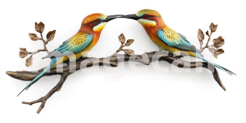 A Love Song in Vivid Hues: Two Rainbow Bee-eaters Perch on a Branch, Beaks Touched in a Tender Display of Affection, Against a Backdrop of Serene Nature
