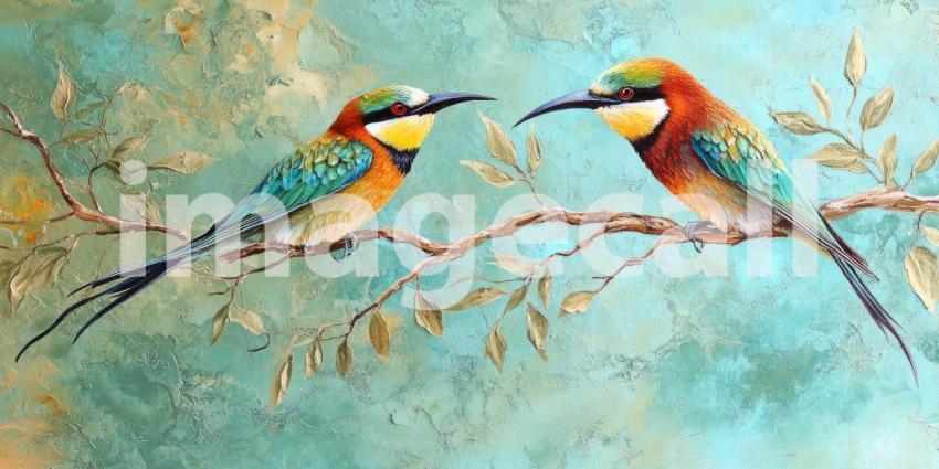 A Love Song in Vivid Hues: Two Rainbow Bee-eaters Perch on a Branch, Beaks Touched in a Tender Display of Affection, Against a Backdrop of Serene Nature