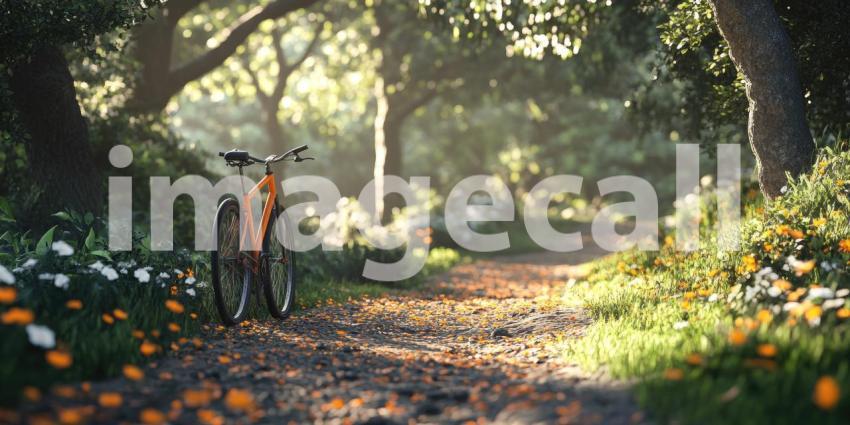 A Sunlit Path Beckons: A Vintage Bicycle Stands Sentinel on a Winding Dirt Road Through a Lush, Flower-Filled Forest, Bathed in Warm Morning Light