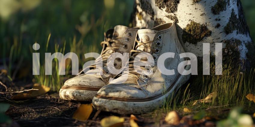 A Call to Adventure: Sturdy Leather Boots, Worn and Ready, Rest on a Mossy Forest Path, Inviting Exploration and Discovery