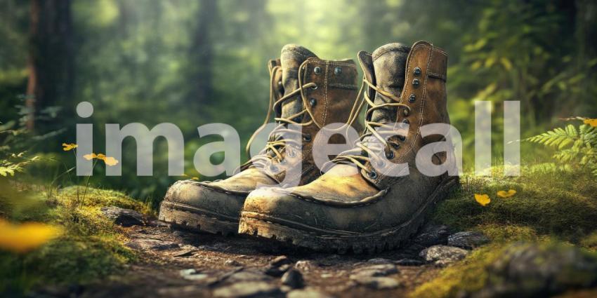 A Call to Adventure: Sturdy Leather Boots, Worn and Ready, Rest on a Mossy Forest Path, Inviting Exploration and Discovery