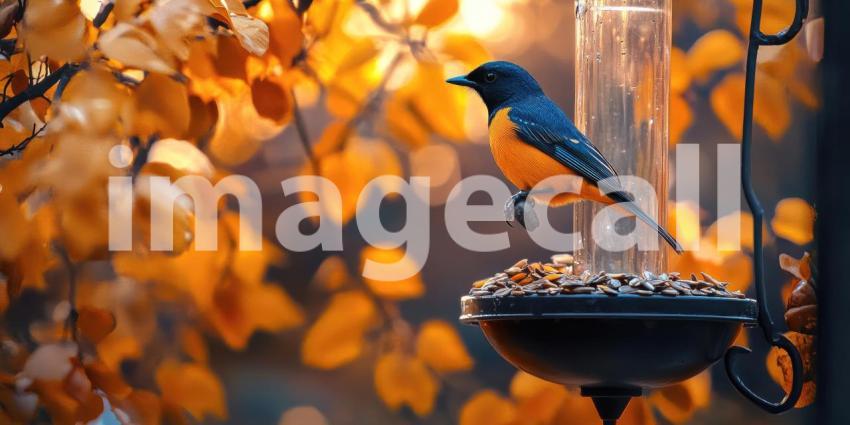 A Colorful Feast: A Vibrant Blue-fronted Redstart Perches on a Bird Feeder, Enjoying a Bountiful Snack Against a Backdrop of Autumnal Foliage