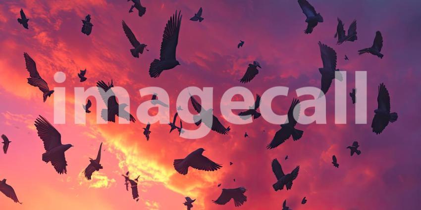 A Sky Filled with Hope: A Flock of Birds Takes Flight Against a Vibrant Sunset, Their Silhouettes Painting a Picture of Freedom and Renewal