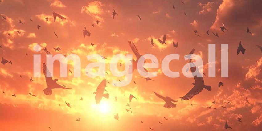 A Sky Filled with Hope: A Flock of Birds Takes Flight Against a Vibrant Sunset, Their Silhouettes Painting a Picture of Freedom and Renewal
