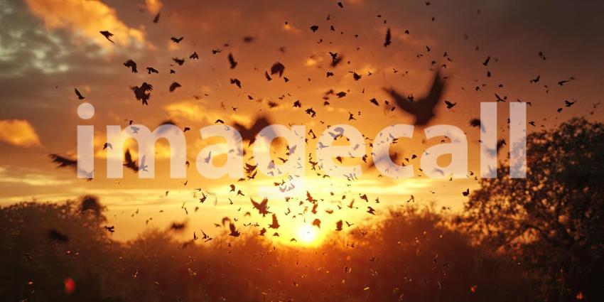 A Sky Filled with Hope: A Flock of Birds Takes Flight Against a Vibrant Sunset, Their Silhouettes Painting a Picture of Freedom and Renewal