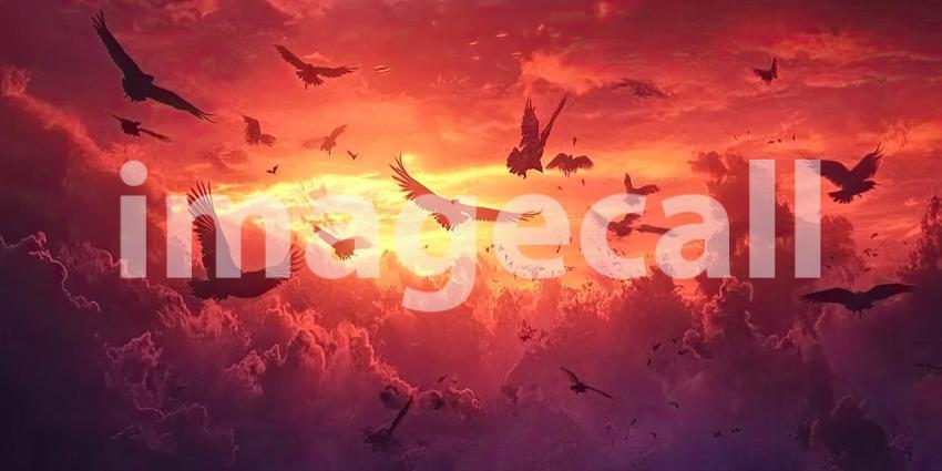 A Sky Filled with Hope: A Flock of Birds Takes Flight Against a Vibrant Sunset, Their Silhouettes Painting a Picture of Freedom and Renewal