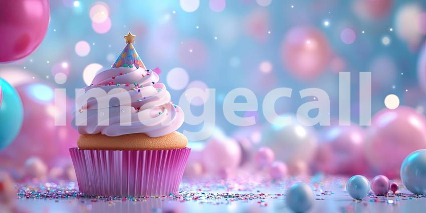 A Sweet Symphony of Celebration: A Whimsical Cupcake Topped with a Party Hat, Nestled Amidst a Cloud of Colorful Balloons and Sprinkles, Invites Joy and Merriment