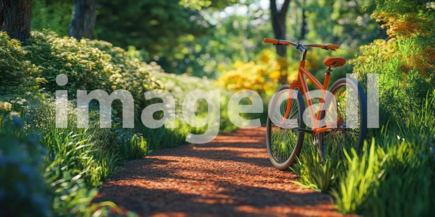 A Sunlit Path Beckons: A Vintage Bicycle Stands Sentinel on a Winding Dirt Road Through a Lush, Flower-Filled Forest, Bathed in Warm Morning Light