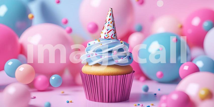 A Sweet Symphony of Celebration: A Whimsical Cupcake Topped with a Party Hat, Nestled Amidst a Cloud of Colorful Balloons and Sprinkles, Invites Joy and Merriment