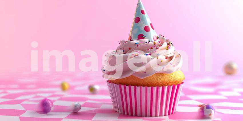 A Sweet Symphony of Celebration: A Whimsical Cupcake Topped with a Party Hat, Nestled Amidst a Cloud of Colorful Balloons and Sprinkles, Invites Joy and Merriment