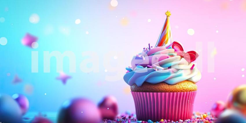 A Sweet Symphony of Celebration: A Whimsical Cupcake Topped with a Party Hat, Nestled Amidst a Cloud of Colorful Balloons and Sprinkles, Invites Joy and Merriment