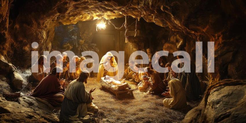 Sacred Nativity Scene in Illuminated Cave