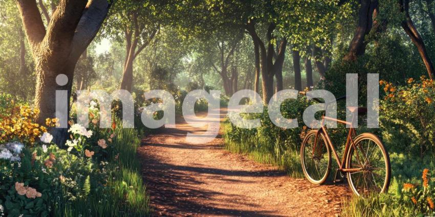 A Sunlit Path Beckons: A Vintage Bicycle Stands Sentinel on a Winding Dirt Road Through a Lush, Flower-Filled Forest, Bathed in Warm Morning Light