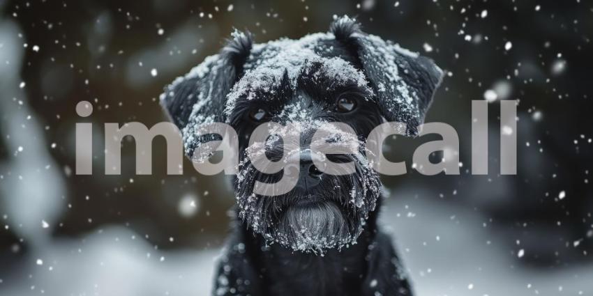 Winter's Noble Guardian: A Giant Schnauzer, Stoic and Unaffected by the Snowfall, Stands Watch Over the Wintery Landscape