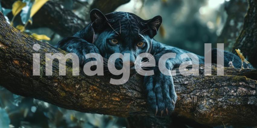 Serene Shadow: A Black Panther, a Phantom of the Jungle, Lounges on a Moss-Covered Branch, Its Presence a Whisper of Untamed Grace