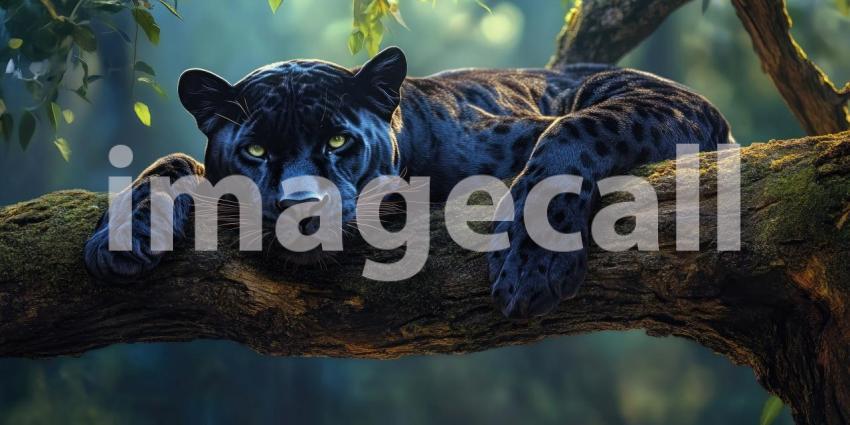 Serene Shadow: A Black Panther, a Phantom of the Jungle, Lounges on a Moss-Covered Branch, Its Presence a Whisper of Untamed Grace