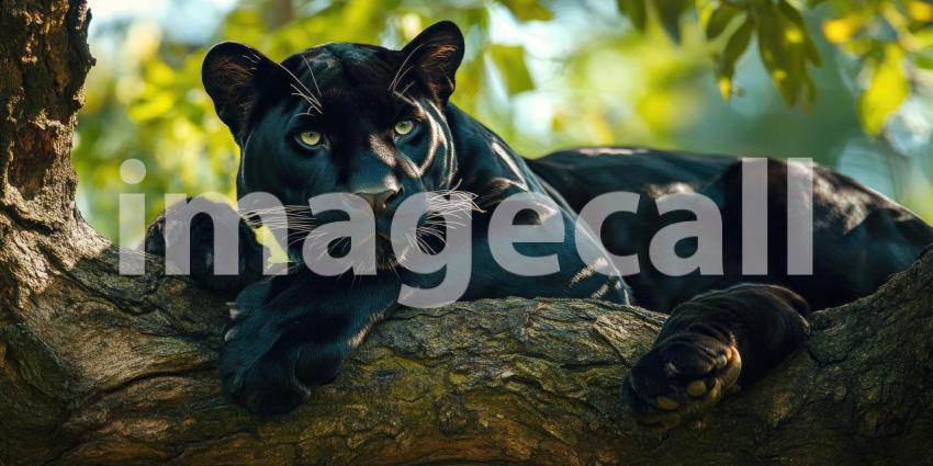 Serene Shadow: A Black Panther, a Phantom of the Jungle, Lounges on a Moss-Covered Branch, Its Presence a Whisper of Untamed Grace
