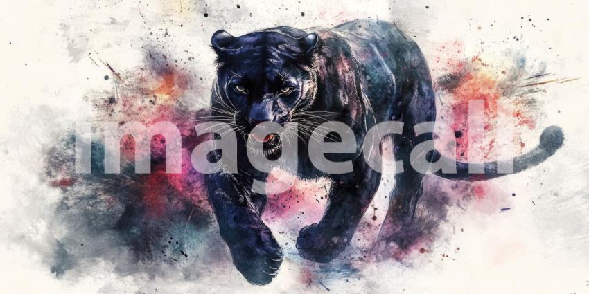 The Prowling Shadow: A Black Panther, Rendered in a Dynamic Fusion of Watercolor and Digital Art, Emerges from a Storm of Color, Capturing the Essence of Power and Primal Grace