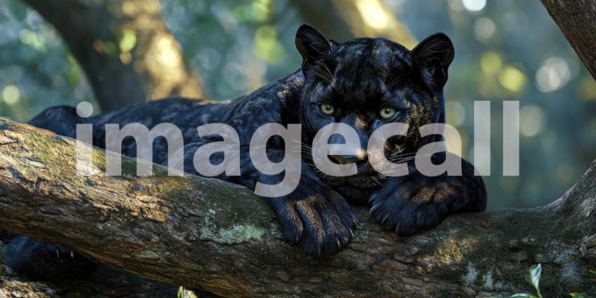 Serene Shadow: A Black Panther, a Phantom of the Jungle, Lounges on a Moss-Covered Branch, Its Presence a Whisper of Untamed Grace