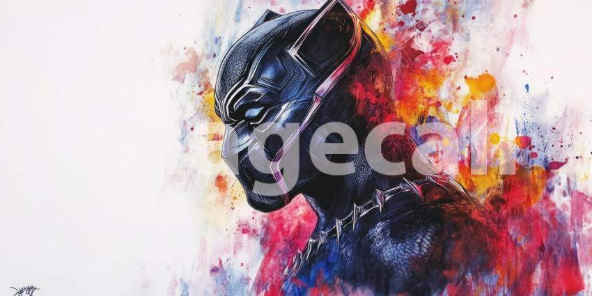 The Prowling Shadow: A Black Panther, Rendered in a Dynamic Fusion of Watercolor and Digital Art, Emerges from a Storm of Color, Capturing the Essence of Power and Primal Grace