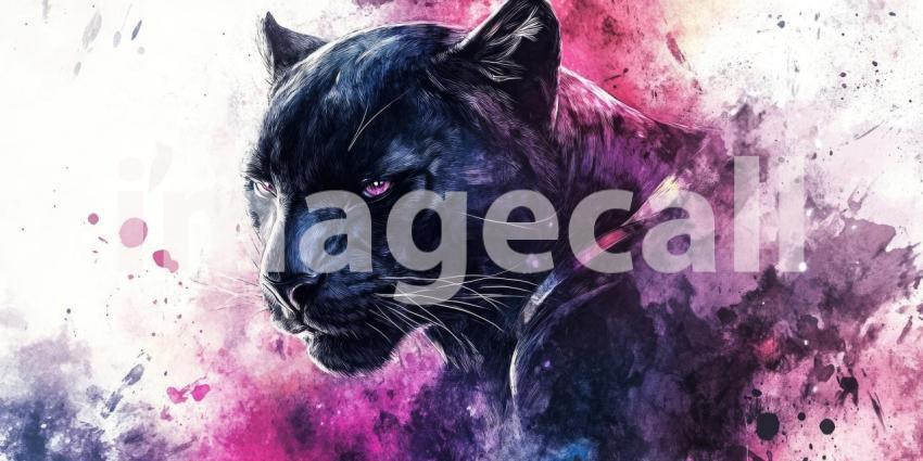 The Prowling Shadow: A Black Panther, Rendered in a Dynamic Fusion of Watercolor and Digital Art, Emerges from a Storm of Color, Capturing the Essence of Power and Primal Grace