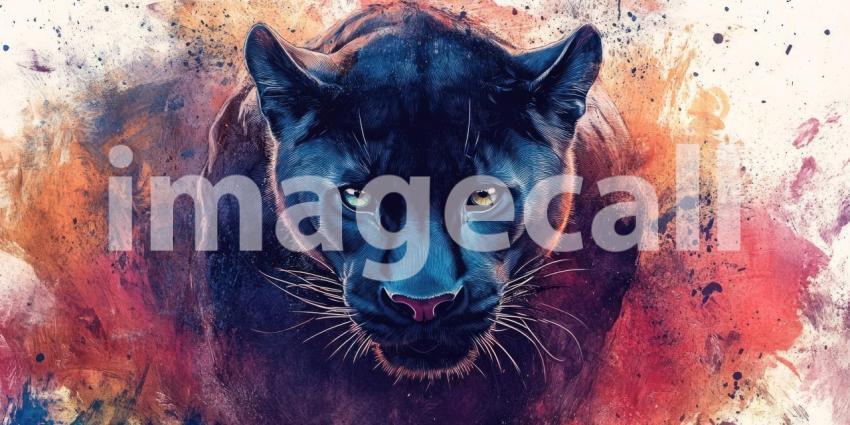 The Prowling Shadow: A Black Panther, Rendered in a Dynamic Fusion of Watercolor and Digital Art, Emerges from a Storm of Color, Capturing the Essence of Power and Primal Grace