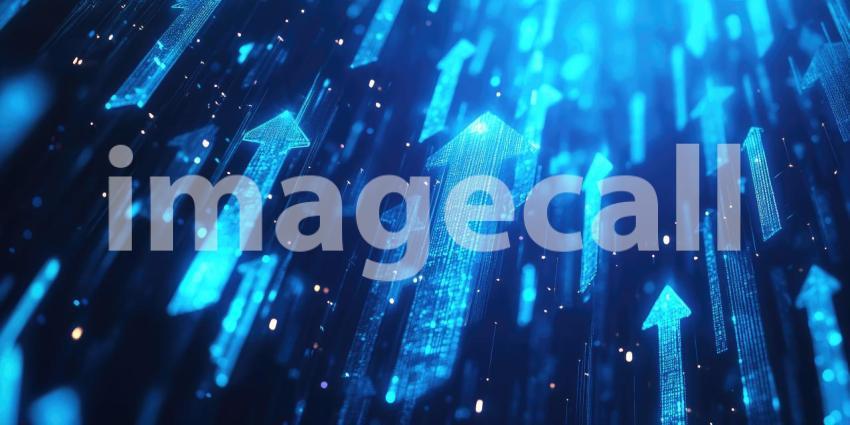 Digital Ascent: A Surge of Blue Arrows, Composed of Data Streams and Binary Code, Symbolize Progress, Innovation, and the Unstoppable Power of Technology