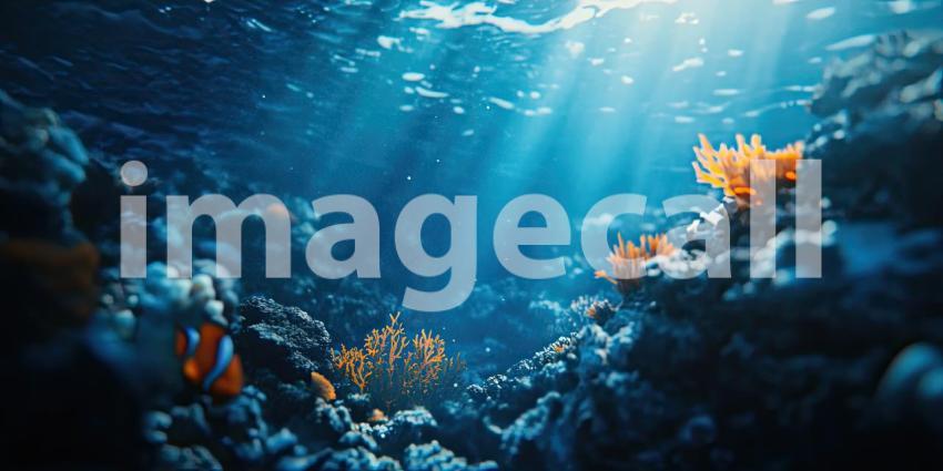 Sunlight's Embrace: A Sunbeam Pierces the Deep Blue Ocean, Illuminating a Vibrant Coral Reef, Where Life Thrives in a Kaleidoscope of Colors