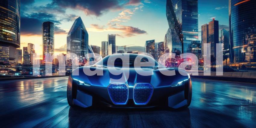 Urban Prowess: A Sleek, Blue Coupe Dominates the Cityscape at Twilight, Its Powerful Presence a Symbol of Speed, Luxury, and Modern Design