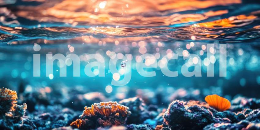 Sunlight's Embrace: A Sunbeam Pierces the Deep Blue Ocean, Illuminating a Vibrant Coral Reef, Where Life Thrives in a Kaleidoscope of Colors