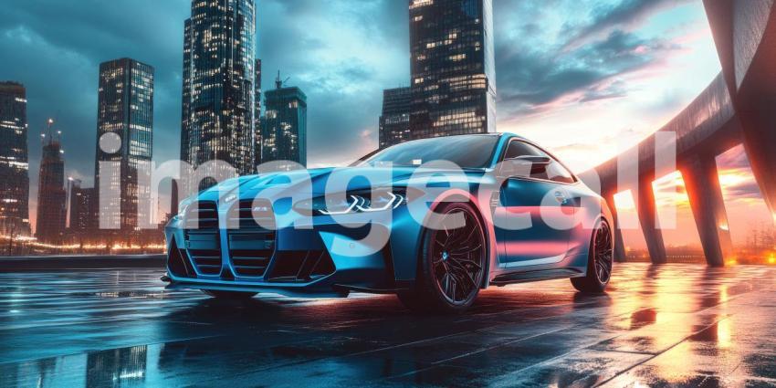 Urban Prowess: A Sleek, Blue Coupe Dominates the Cityscape at Twilight, Its Powerful Presence a Symbol of Speed, Luxury, and Modern Design