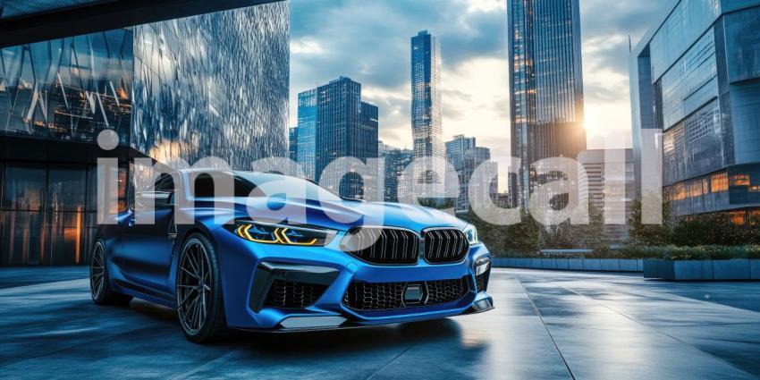 Urban Prowess: A Sleek, Blue Coupe Dominates the Cityscape at Twilight, Its Powerful Presence a Symbol of Speed, Luxury, and Modern Design