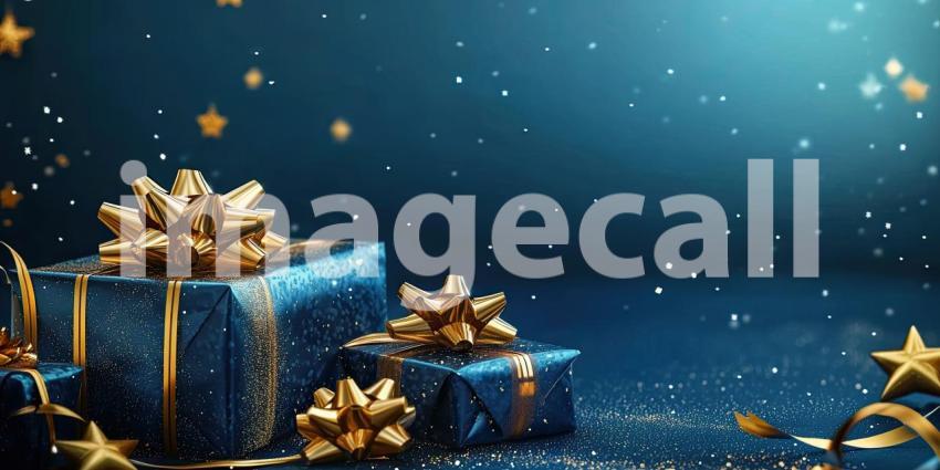 Midnight Magic: A Cluster of Shimmering Blue Gifts, Adorned with Golden Bows and Embellishments, Beckons Amidst a Starry Night, Evoking a Sense of Enchantment and Festive Wonder