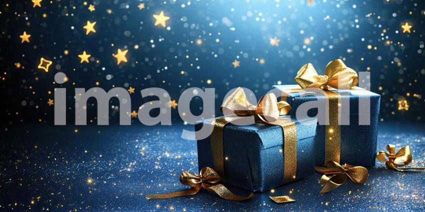 Midnight Magic: A Cluster of Shimmering Blue Gifts, Adorned with Golden Bows and Embellishments, Beckons Amidst a Starry Night, Evoking a Sense of Enchantment and Festive Wonder