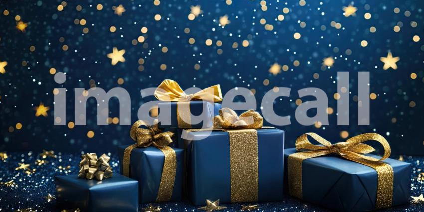 Midnight Magic: A Cluster of Shimmering Blue Gifts, Adorned with Golden Bows and Embellishments, Beckons Amidst a Starry Night, Evoking a Sense of Enchantment and Festive Wonder