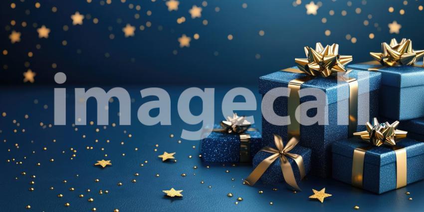 Midnight Magic: A Cluster of Shimmering Blue Gifts, Adorned with Golden Bows and Embellishments, Beckons Amidst a Starry Night, Evoking a Sense of Enchantment and Festive Wonder