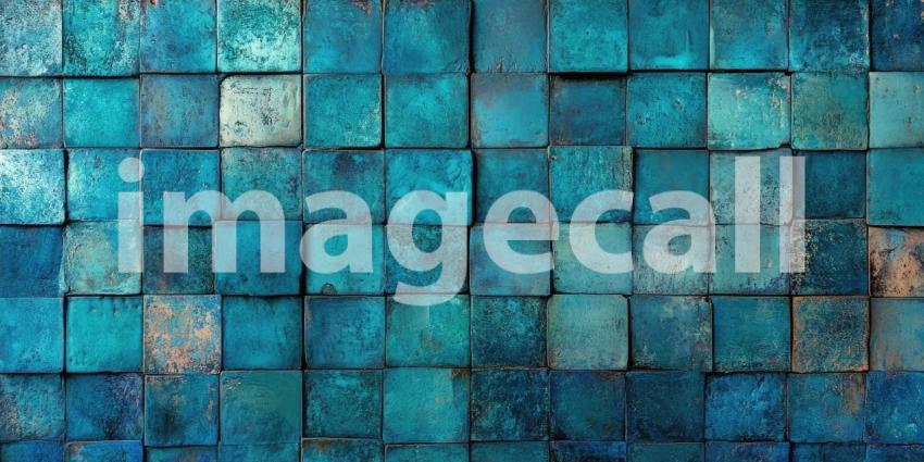 Patina of Time: A Wall of Square Tiles, Tinted with Shades of Blue and Rust, Evokes a Sense of Aged Beauty and Industrial Elegance