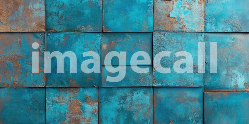 Patina of Time: A Wall of Square Tiles, Tinted with Shades of Blue and Rust, Evokes a Sense of Aged Beauty and Industrial Elegance