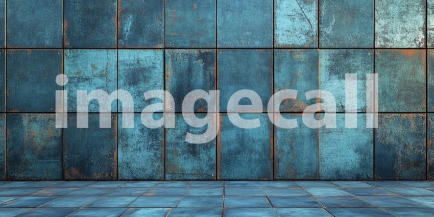 Patina of Time: A Wall of Square Tiles, Tinted with Shades of Blue and Rust, Evokes a Sense of Aged Beauty and Industrial Elegance