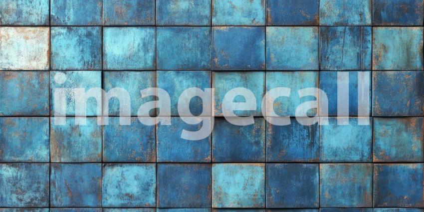 Patina of Time: A Wall of Square Tiles, Tinted with Shades of Blue and Rust, Evokes a Sense of Aged Beauty and Industrial Elegance
