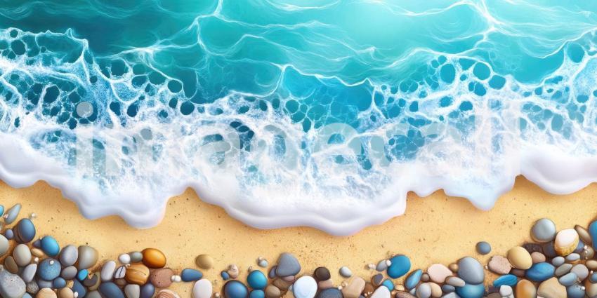 A Tapestry of the Shore: A Bird-Eye View Captures the Dynamic Interplay of Turquoise Waves, Foamy Surf, and a Collection of Smooth, Colorful Pebbles along a Sandy Beach