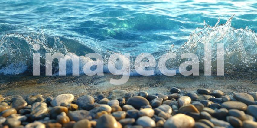 A Tapestry of the Shore: A Bird-Eye View Captures the Dynamic Interplay of Turquoise Waves, Foamy Surf, and a Collection of Smooth, Colorful Pebbles along a Sandy Beach