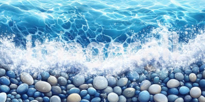 A Tapestry of the Shore: A Bird-Eye View Captures the Dynamic Interplay of Turquoise Waves, Foamy Surf, and a Collection of Smooth, Colorful Pebbles along a Sandy Beach