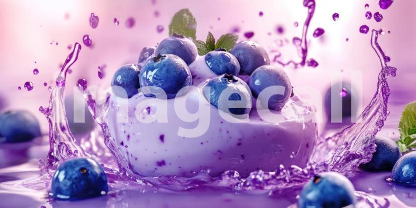 A Blueberry Symphony: Juicy Berries Splash into a Creamy Pool of Yogurt, Creating a Whirlwind of Flavor and a Symphony of Textures