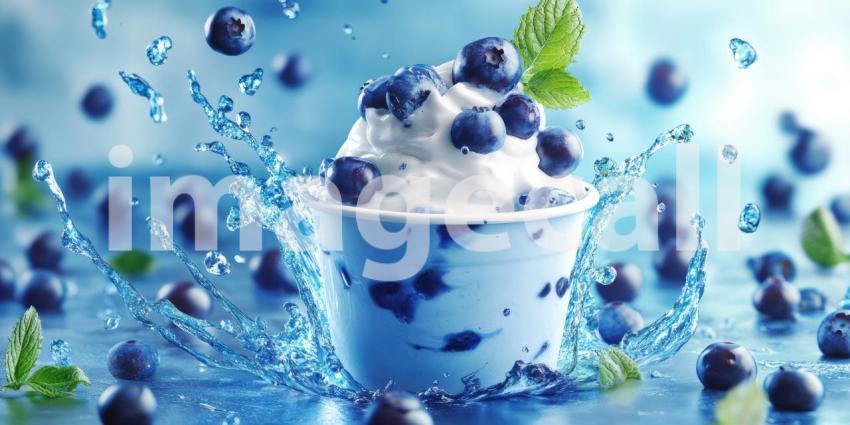 A Blueberry Symphony: Juicy Berries Splash into a Creamy Pool of Yogurt, Creating a Whirlwind of Flavor and a Symphony of Textures