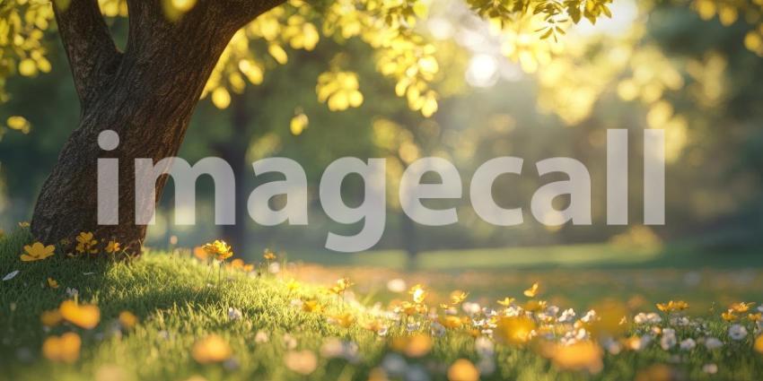 A Sunlit Meadow: Sunlight filters through the leaves of a majestic tree, illuminating a vibrant carpet of wildflowers in a picturesque meadow